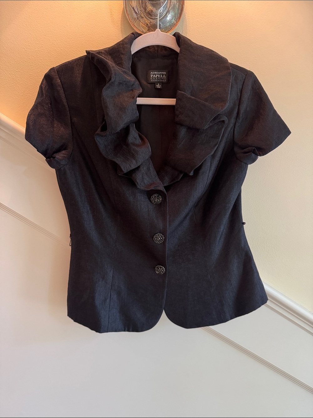 Adrianna Papell Black Ruffle-Collar Short-Sleeve Blazer Top